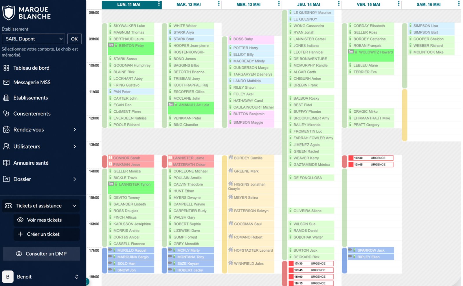 Capture d'écran — Tableau de bord agenda côté professionnel avec rendez-vous codifiés