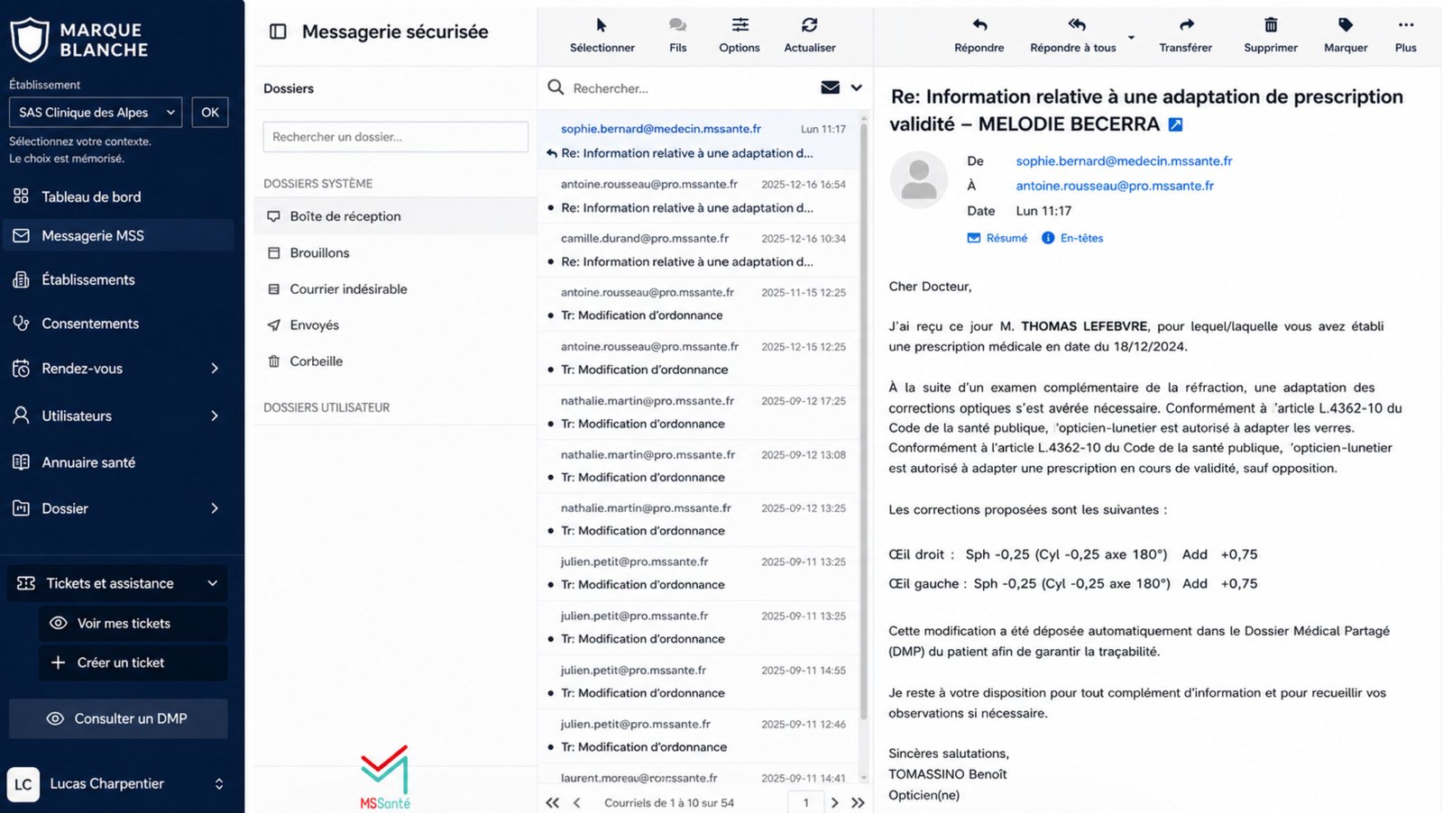 Capture d'écran — Webmail MSSanté MetaConnect avec messagerie sécurisée et lien DMP